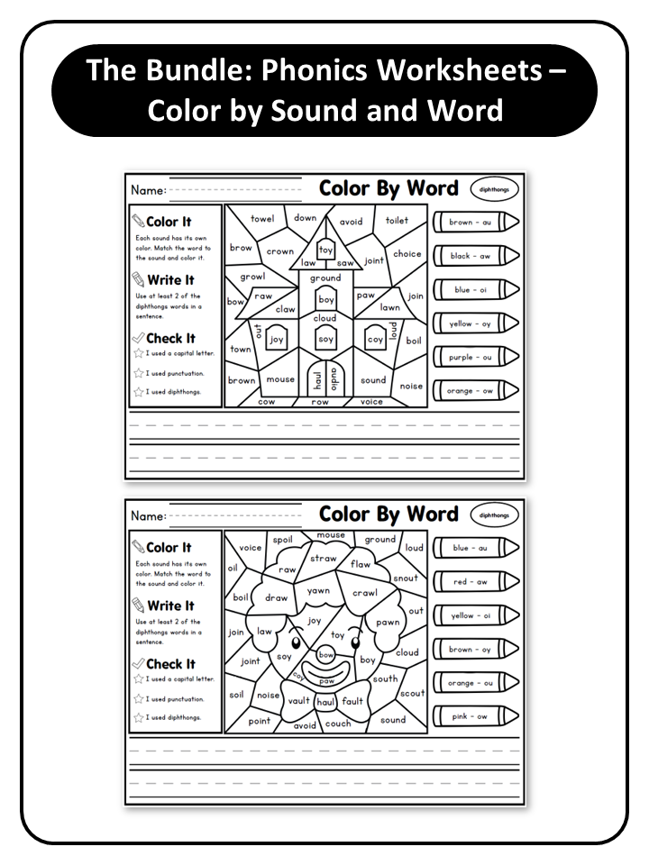 Phonics Worksheets - Color By Sound and Word Bundle