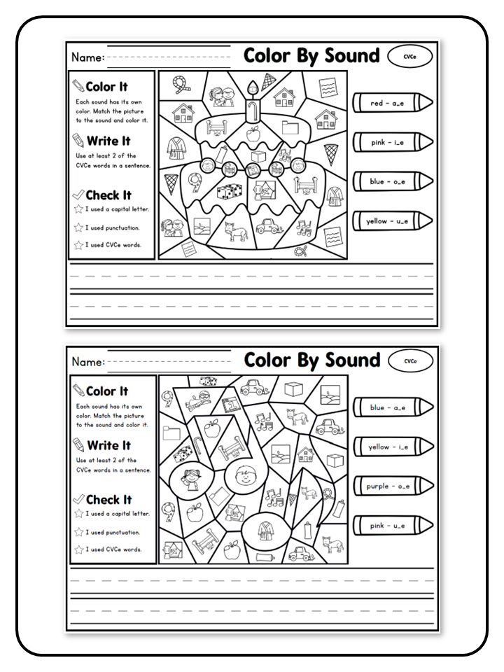 Phonics Worksheets - Color by Sound and Word - CVCe